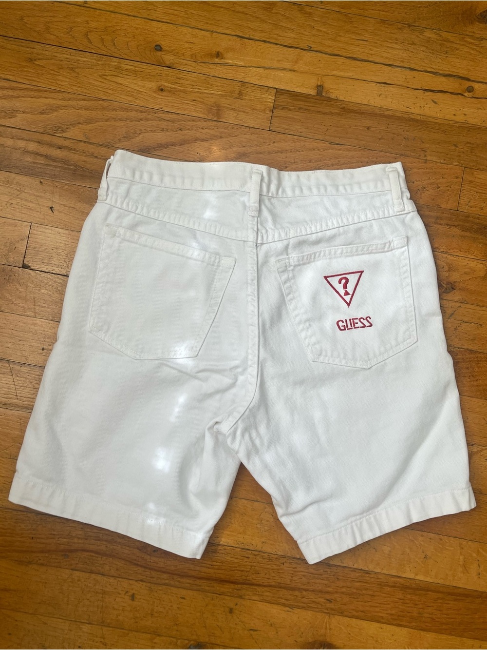 GUESS women’s White Denim Shorts with Red Logo